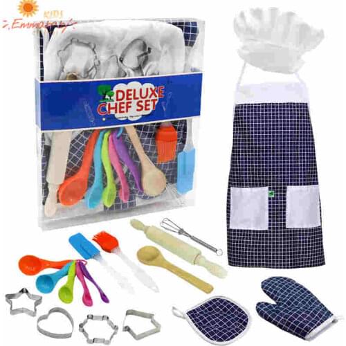 Boys Girls 14 Pcs Kids Kitchen Toys Basic Cook Baking Set Role-Playing Toy Aprons Chef Hats Cookie Cutters Silicone Baking Tool