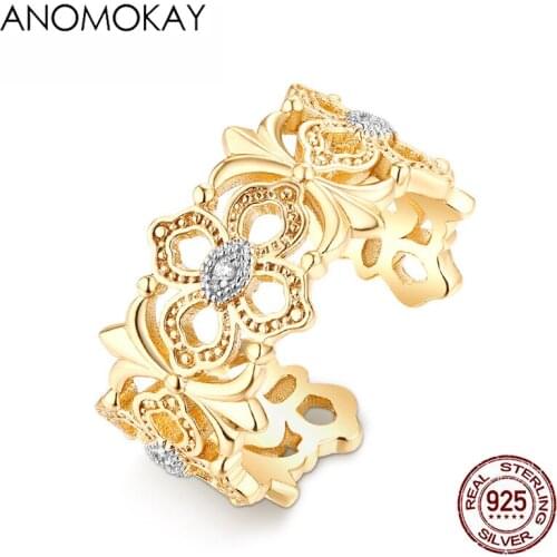 Anomokay Trendy Hollow Out Palace Flower Gold Color Women Rings Luxury Jewelry Gift 925 Sterling Size Resizable Rings for Party