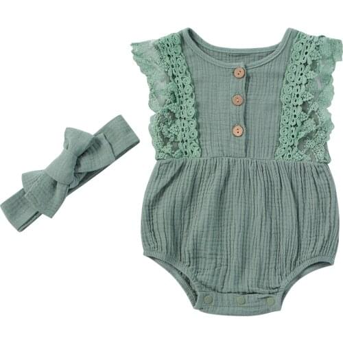 Citgeett Summer Newborn Baby Girls 2-piece Outfit Set Sleeveless Lace Romper+Headband Set Solid Clothes