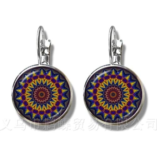 Trendy Flower Of Life Earrings Mandala Elegant And Complex Pattern 16mm Round Glass Stud Earrings For Women Cabochon Jewelry
