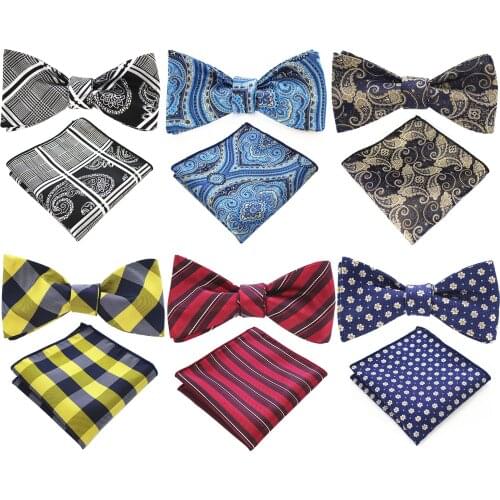 Ricnais Fashion Mens Self Bowtie And Pocket Squares Set Man Bow Tie Handkerchief Set For Wedding Striped plaid Hanky