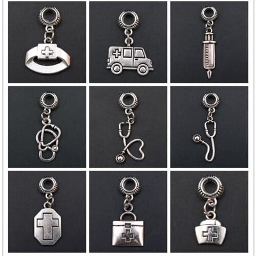 Multi Style European Bangle 6mm Beads Charm Mini Ambulance Pendant Stethoscope Pendant Syringe Pendant First Aid Kit Pendant 6pc