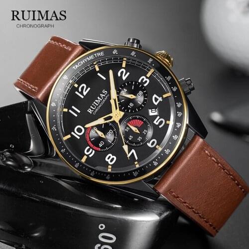 2019 Men Watch RUIMAS Brand Fashion Sports Quartz Watches Mens Leather Waterproof Chronograph Clock Business Relogio Masculino