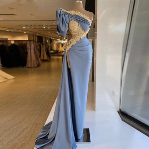 Sky Blue One Shoulder Evening Dresses Lace Appliques Sexy High Split Prom Dresses 2022 Spring Formal Party Dress Robe De Soiree