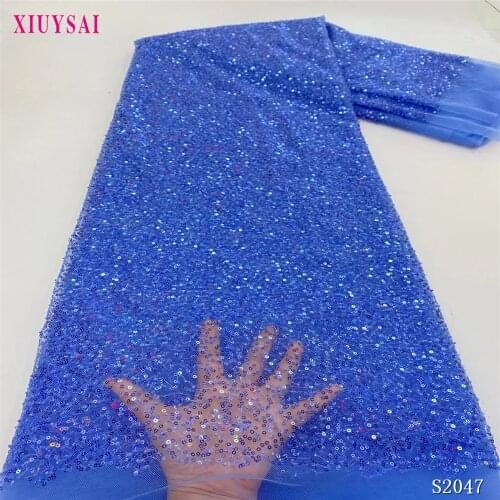 Latest Nigerian African Lace Blue 2021 Bridal Lace Fabric High Quality Mesh Sequins Lace Fabric For Wedding Party 5 yards