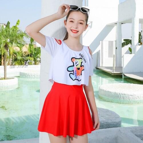 2021 New One-piece Skirt Swimsuit Girls Swimwear Kids Hot Spring Bathing Suit Childrens Short Sleeve Beach Dress Sun protection