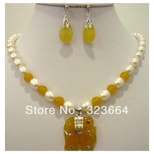 Oval Pearl White & Yellow Elephant Pendant Necklace Set
