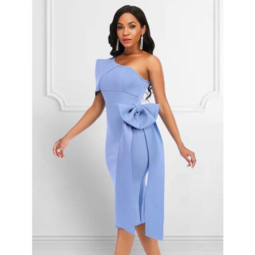 Elegant Women Party Dress Sexy One Shoulder Big Bowtie Chic Dress Bodycon Plus Size African Gowns Party Birthday Night Dinner