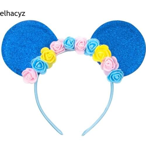 Sweet Roses Glitter Mouse Ears Headband Girls Flower Hairband Cute Party Headwear Kids Hair Accessories Women Decoration Mujer