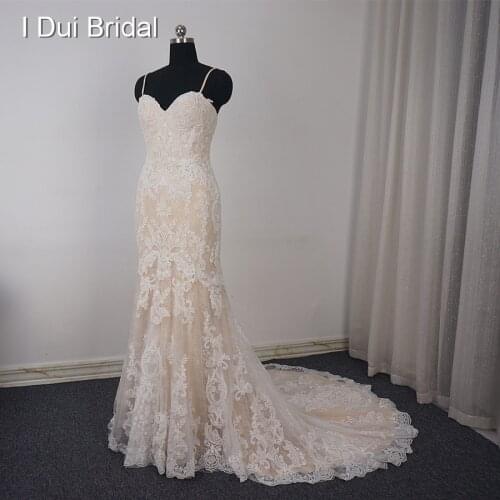 Sheath Wedding Dress with Champagne Lining Detachable Spaghetti Strap Detachable Tulle Out Skirt