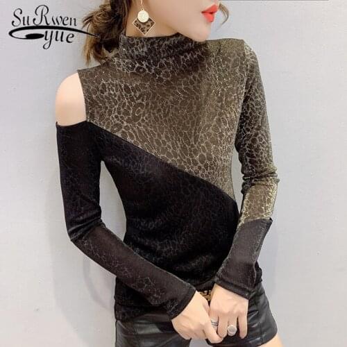 Leopard Stitching Long-sleeve Tops shirt Casual Fashion Womens shirt Half - turtleneck Pullover Ladies' Collage Tops 7293 50
