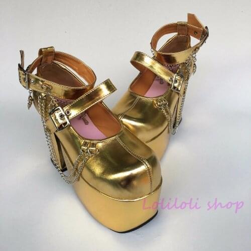 Princess punk lolita shoes Japanese design customized shoes special shaped golden bow shoes buckle high heeled sandals 1f73x