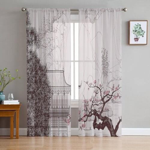 Plum Blossom Trees Flowers House Window Curtains for Living Room Kitchen Door Curtain Sheer Curtains for Bedroom