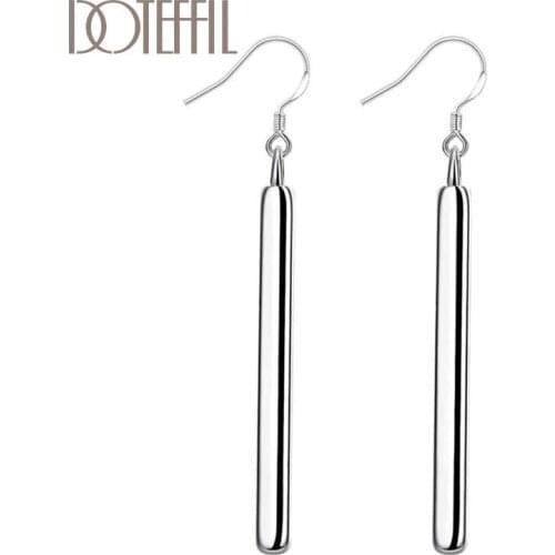 DOTEFFIL 925 Sterling Silver Smooth Small Cylindrical Long Earrings Charm Women Jewelry Fashion Wedding Party Gift