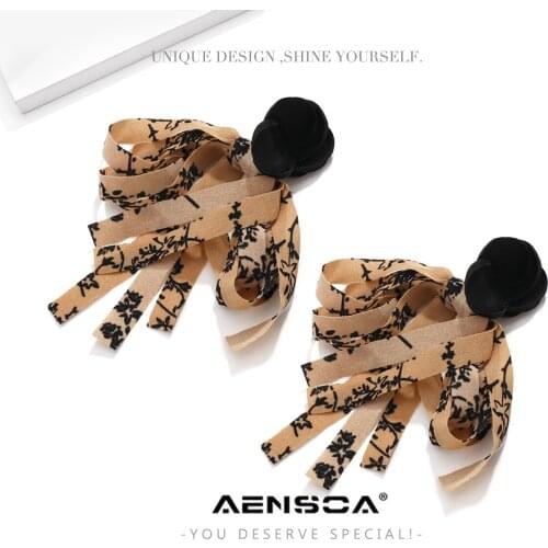 AENSOA Summer Cloth Bowknot Long Drop Earrings for Women Sweet Lovely Geometric Alloy Lattice Fabric Statement Earring Trendy