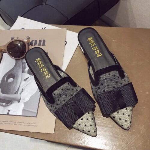 Summer new pointed black mesh bow lazy one foot cool drag low with Baotou sandals female