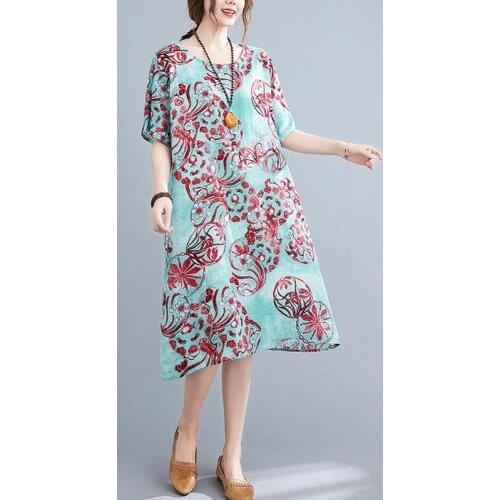 Women Summer Cotton Linen Casual Dress New Arrival 2021 Vintage Style Floral Print Loose Comfortable Female Long Dresses B559