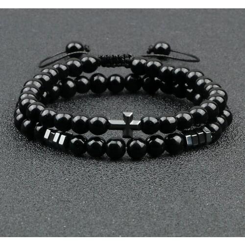 2pcs/set Obsidian Stone Bracelet Men Black Lava Hematite Cross Beads Bangle Women Charm Natural Stone Paryer Jewelry Pulseras