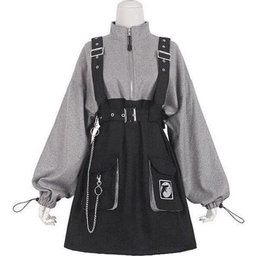 2021 Retro Vintage Women Gothic Girls Punk Mini Dress High Waist Long Sleeve Hat Collar Sexy Gry Black Lolita Plus Size Jurken