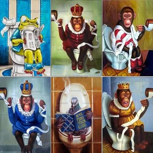 5D Diamond Painting Funny Cartoon Monkey Full Square Embroidery Dogs In Toilet Cross Stitch Mosaic Animals Pictures Home Decor