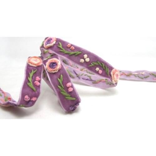 5/8 Inches Velvet Rose Flower Embroidered Ribbon Trim|Floral Lace Supplies|Bow Making Hair Material