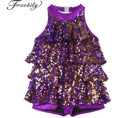 Kids Girls Halter Shiny Sequins Gymnastics Unitards Dress Children Ballet Leotard Stage Performance Latin Jazz Dance Costume