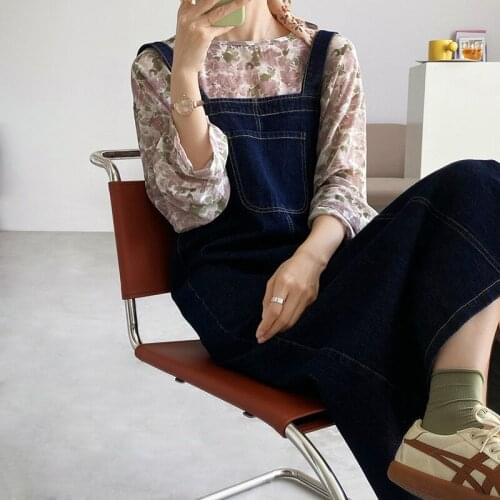 Denim suspender dress female spring new Korean style loose and thin mid-length suspender dress Vintage Jumpsuit Style