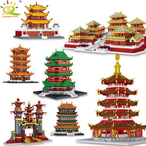 HUIQIBAO Famous Ancient Architecture Palace Street View Micro Building Blocks City Construction Bricks Yellow Crane Tower Toys