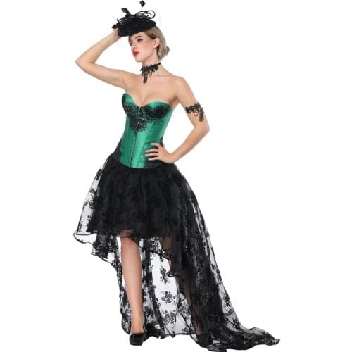 Halloween Corset Dress Strapless Patchwork Corset and Black High Low Lace Skirt Stage Costume