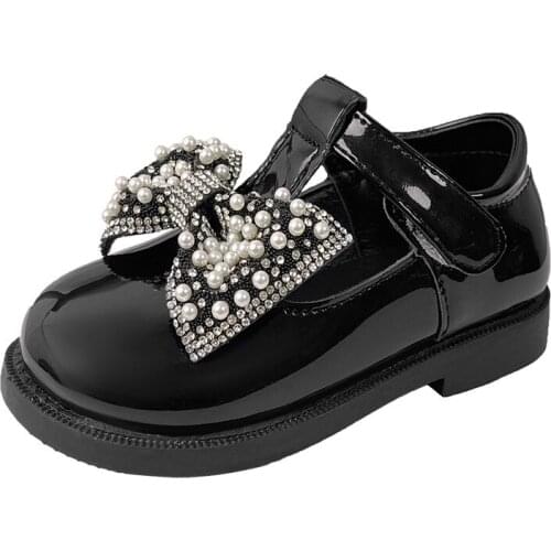 Girls' Leather Shoes 2021 Autumn New Pearl Rhinestone Girl Bow Performance Childrens British Style Princess Shoes Sweet Cute