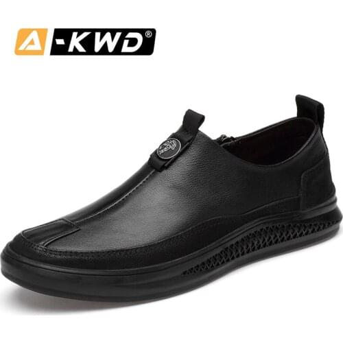 Fashion Shoes 2019 Wear Resistent Rubber Sole Black White Sneakers Zapatos Hombres Slip-on Mens Leather Shoes Genuine Mens Shoe