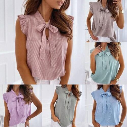 2021 Summer Fashion Polka Dot Bow Neck T Shirt Women camisetas Shirt Sleeveless Top Frill Ruffle mujer de Female T-shirt To P9Z9