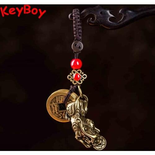 Copper Pixiu Car Keychain Pendant Handmade Woven Brass Animal Beast Lanyard Bag Hanging Metal Keyring Accessories