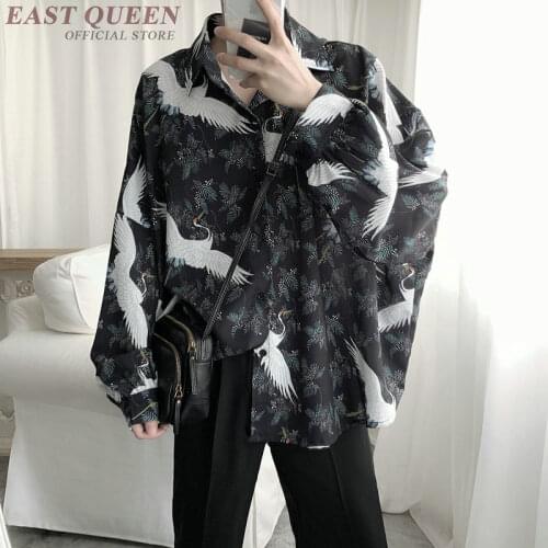 Japanese Fashion Tshirts 2019 Sunmmer Vintage Button Cranes Printed Tees Shirt Mens Tops Long Sleeve Asian Clothes Kimono FF2176