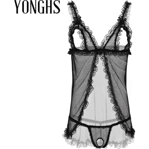 Mens Lingerie Sissy Crossdressing See Through Sheer Fishnet Lace Elastic Shoulder Straps Open Cups Tops with G-string Briefs