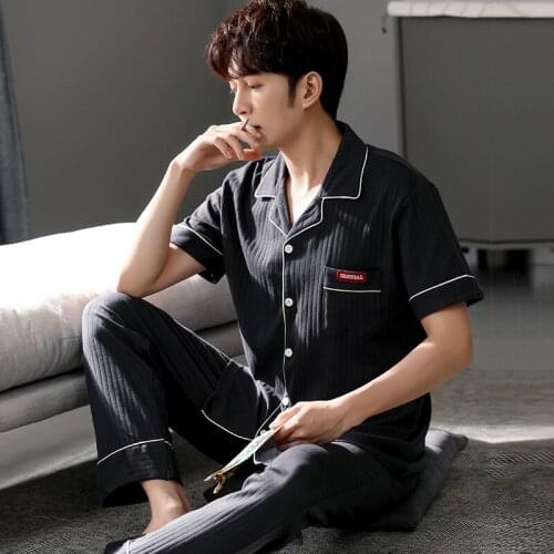 Pure cotton Men Pajamas Set Turn-down Collar Long Sleeve Trousers Sleepwear Leisure Pyjama Night Pijamas Home Wear Short Pajamas