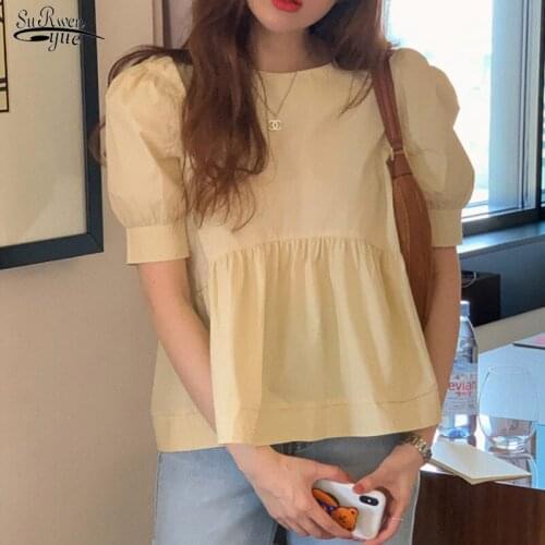 Summer 2021 New Korean Version Sweet Cute Round Collar Bubble Short Sleeve Shirt Solid Cotton Yellow Blouse Blusa Feminina 14832