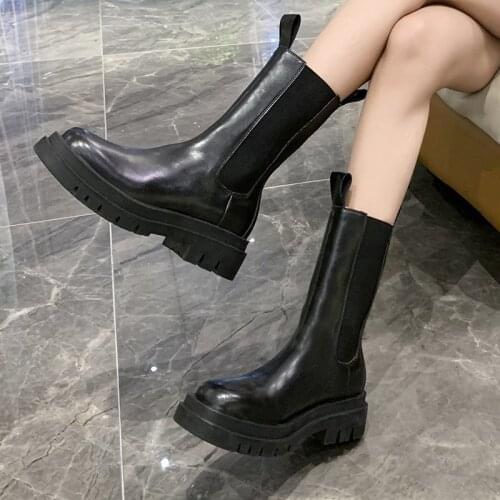 Women Shoes Woman Mid Calf Boots New Women Boots Female Slip on Round Toe Solid Leather Autumn Winter Platform Boots Plus Size