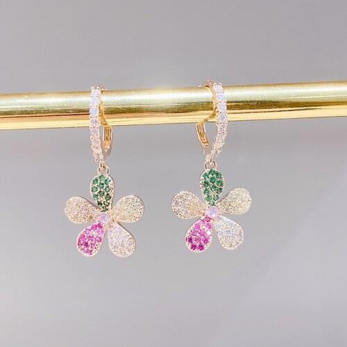 Hot Sale Exquisite CZ Multi-color Flower Stud Earrings Unique Delicate 14K Real Plated Earrings