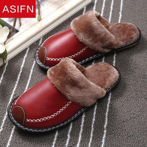 ASIFN Women Cotton Fur Slippers Leather Men Winter Mules Flip Flops Luxury Designer for Ladies Non-slip Woman Indoor Home