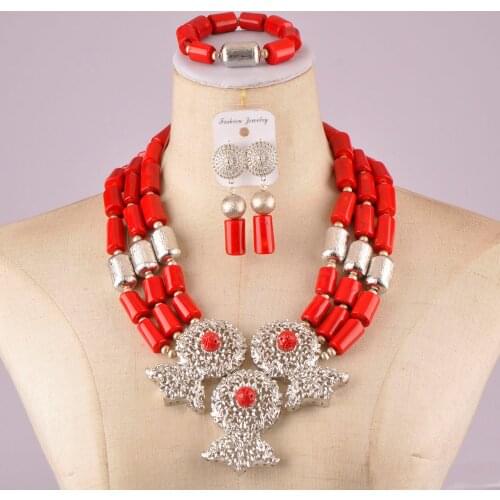 Stylish red costume necklace afiran coral set nigerian wedding coral beads jewelry set C21-24-06
