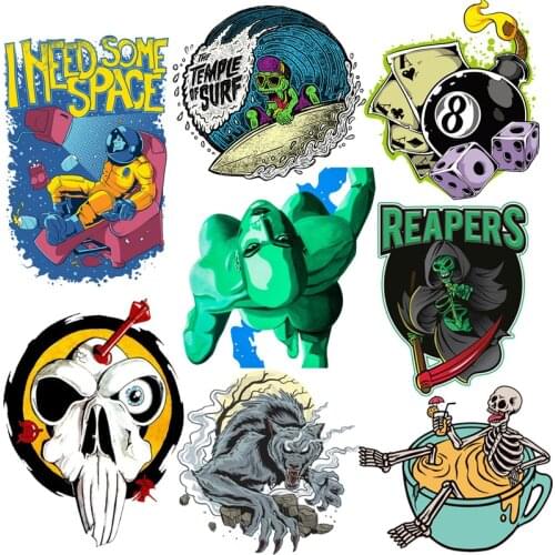 Punk Skull Iron On Transfers For Clothing Heat Transfer Vinyl Patches For Clothes Grim Reaper Patch Applique PVC Thermal Badges