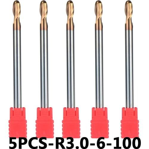 Tungsten Steel Ball Nose End Mills 5pcs/lot R3-6-100 HRC55 With Straight Shank 2-Flute Ball Head Milling Cutters Router Bits