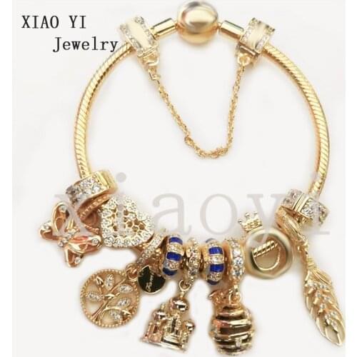 XIAOYI 2020 new 100% s925 Yellow butterfly Life Tree Bracelet Castle kettle feather crown clasp Fashion Bracelet female