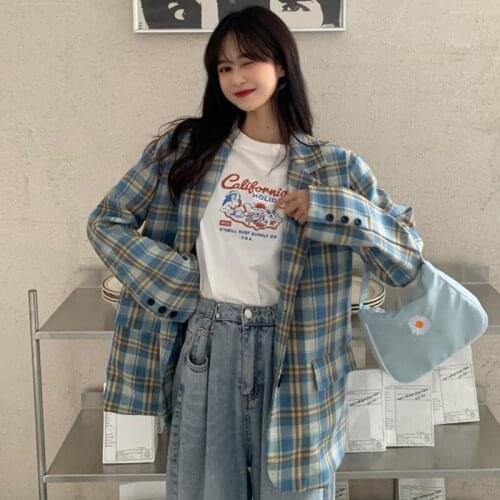 ZCSMLL Plaid Blazers Autumn 2021 New Korean Thin Loose ChicCasual Plaid Jacket Suit Vintage Womens Blazer Casual Harajuku