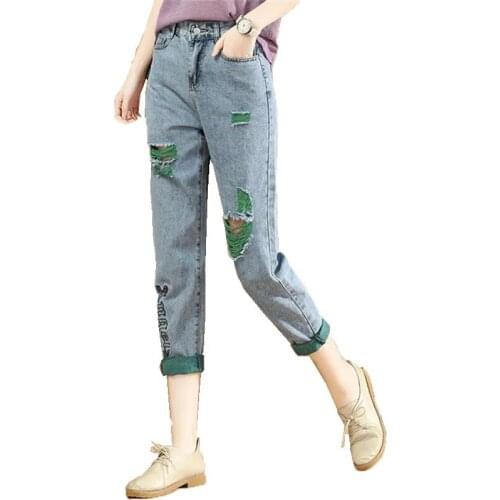 Female Korean Tide Attacking Ripped Jeans Women Loose And Thin All-Match 2021 Summer New Embroidery Harlan Nine-Point Pants A72