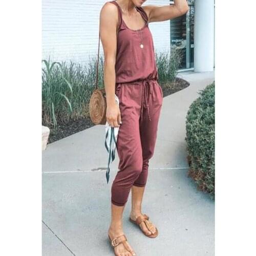 Women Summer Solid Round Neck Casual Overalls High Waist Lace Up Romper Female Streetwear Outfit Body Mujer Ez