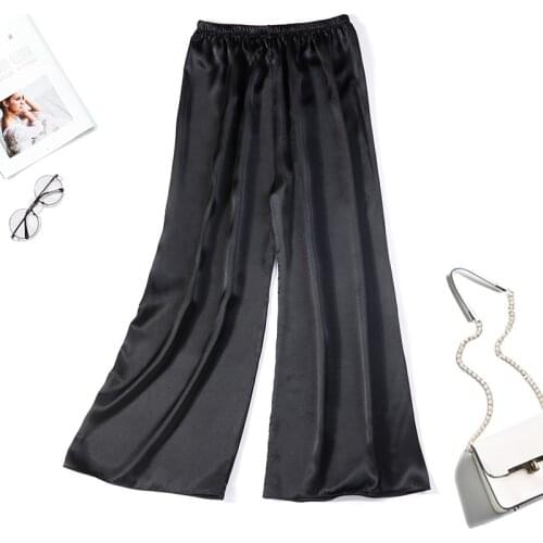 Womens 100% Mulberry Silk satin Silk black color Elastic Waist wide leg pants Long Pants Trousers JN656
