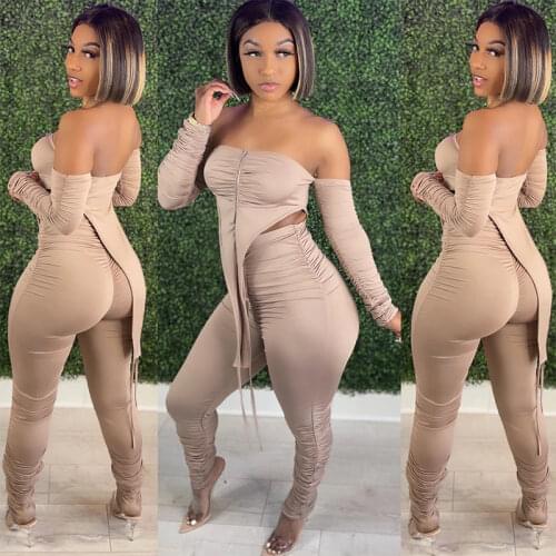 BAMBOOBOY Women Sexy Long Sleeve Slash Pleated Neck Zipper Tight Top and Pants Club Streetwear Bodycon Suit Two Piece Set ZL1584