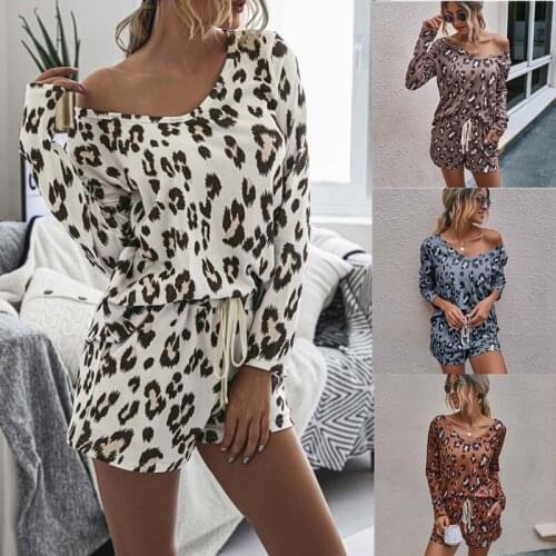 Leopard Pajama Set Women Long Sleeve Loungewear Autumn V-neck Casual Sleepwear 2 Pieces Homewear Pjs Ladies Home Suit Nightwear